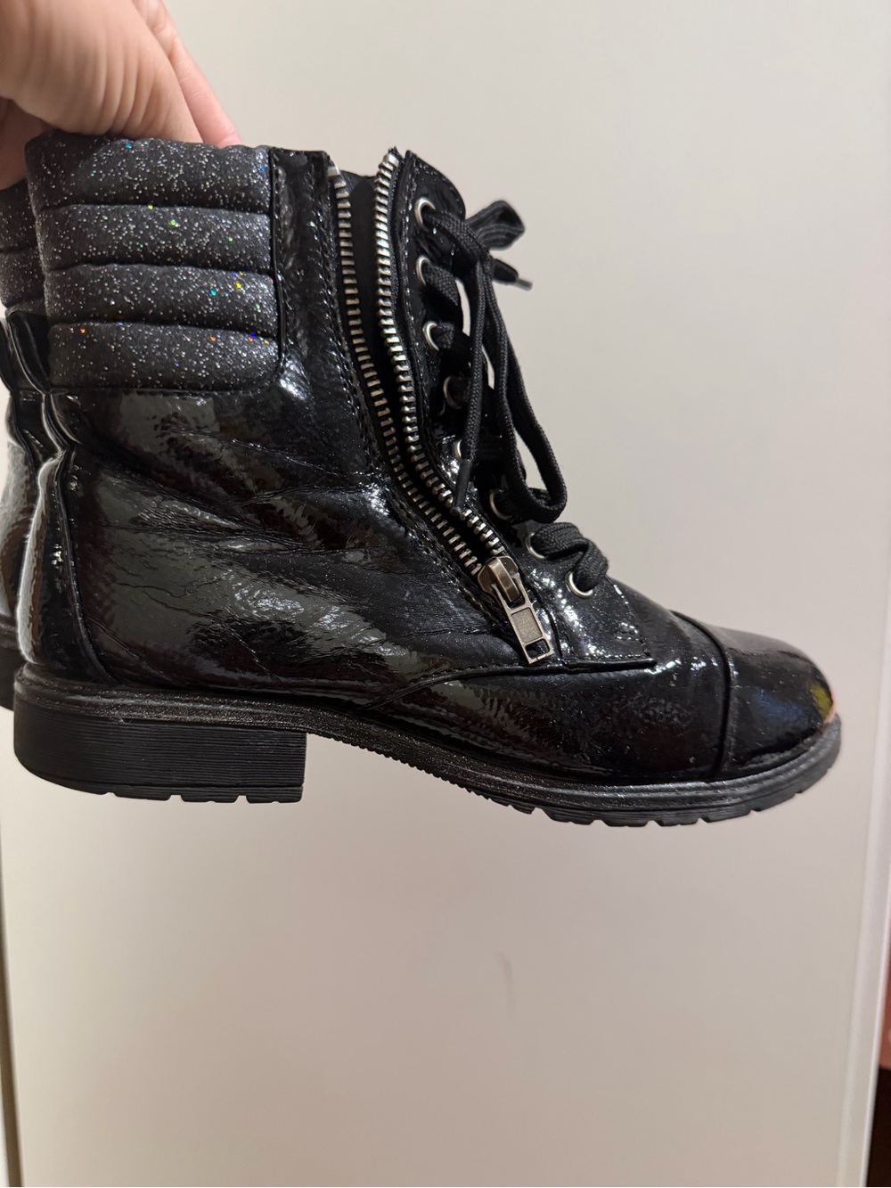 Black Patent Lace-Up Ankle Boots with Side Zipper - Women
